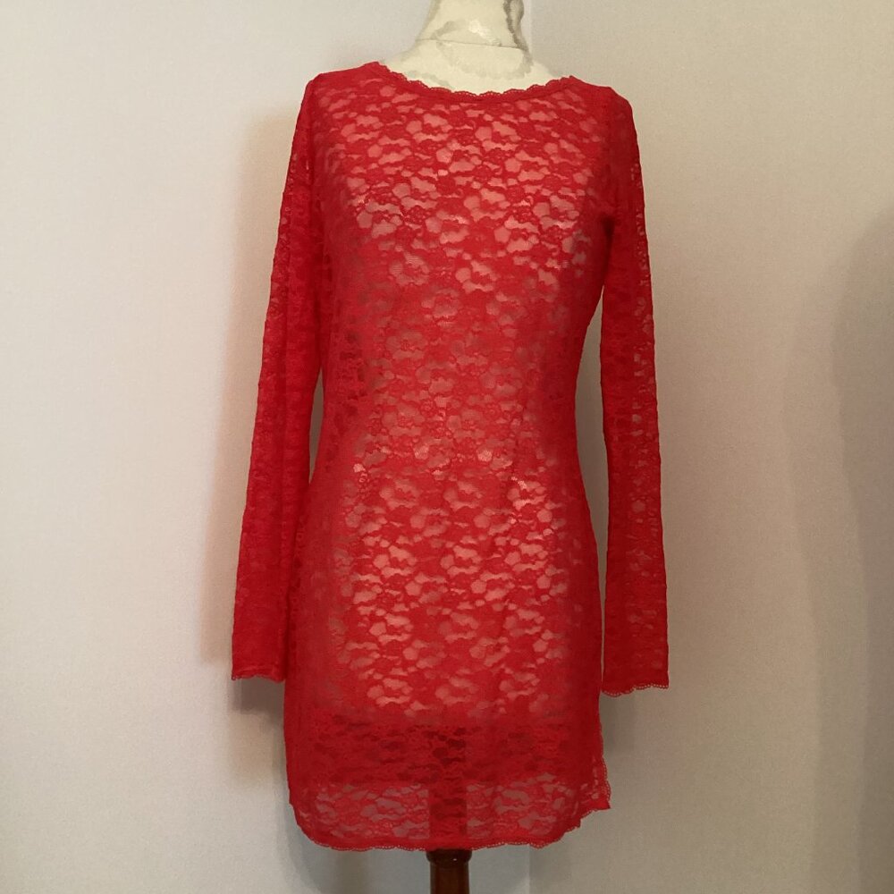NEW! VICTORIA'S SECRET RED SHEER LACE MINI DRESS LARGE SLIT SEAM OPEN BACK